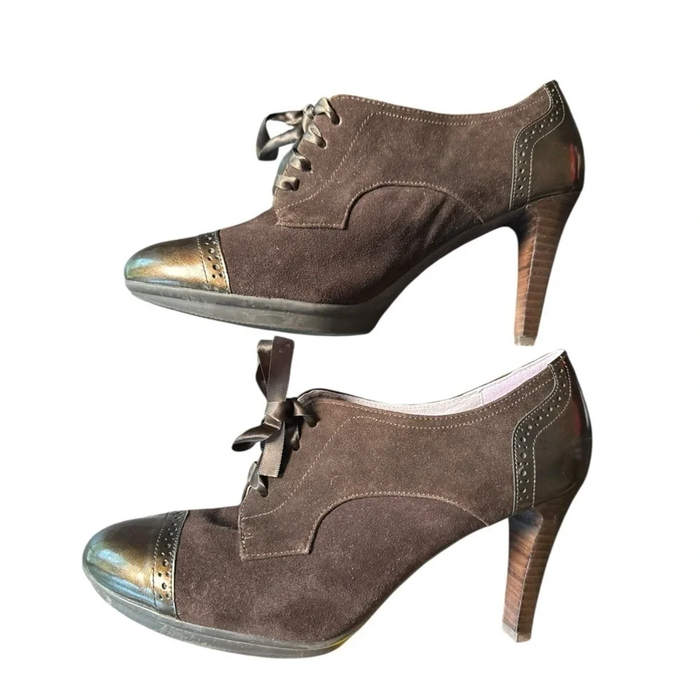 ▶️ JOHNSTON & MURPHY ◀️ Chocolste Brown Suede Oxford  Patent Heels Lace up 7.5